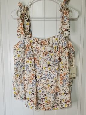 a.n.a Cream Floral Tie-Strap Camisole with Multicolor Blossoms 80% Cotton NWT XL